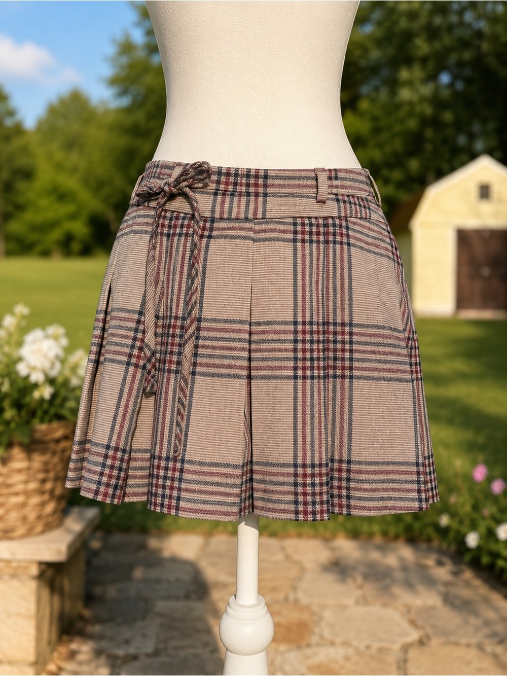 Hollister Beige Plaid Pleated Mini Skort with Red and Black Stripes